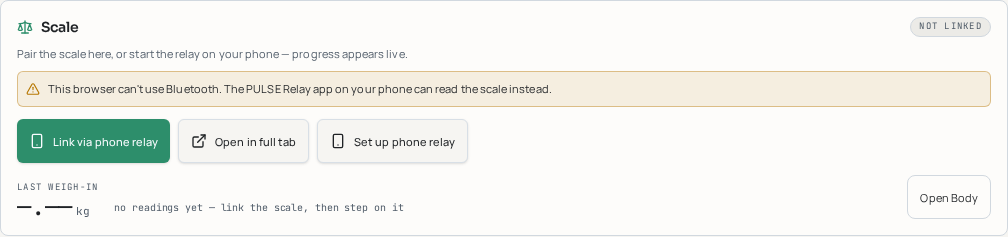 Dashboard Scale card before pairing